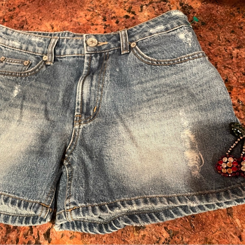 Evoc Size 4 Short Denim Shorts Jeweled with Cherry Rhinestones